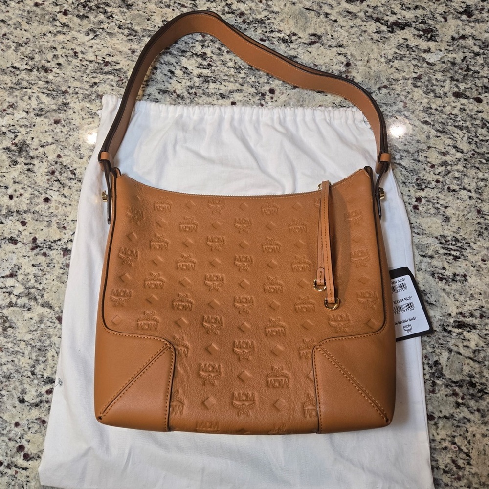 NEW MCM Klara Hobo Caramel Monogram Leather Shoulder Bag